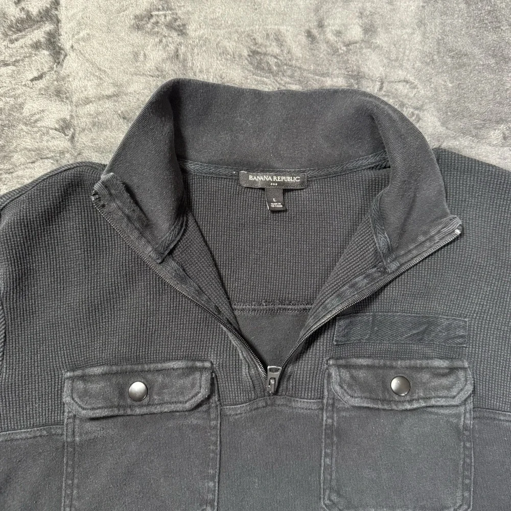 Banana Republic Mens L Black Quarter Zip Pullover Utility Pocket Waffle Knit